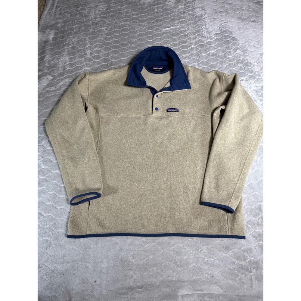 Patagonia Better Sweater Mens Large Tan Blue Snap-T Fleece Pullover Hiking Top